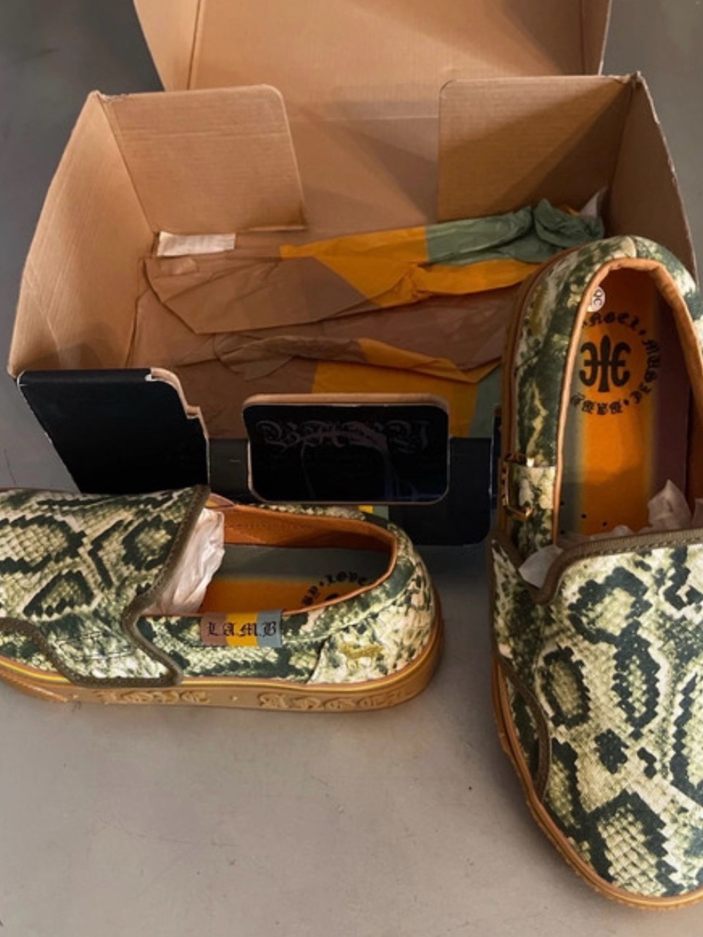 L.A.M.B. Green Snake-Print Slip-On Sneakers